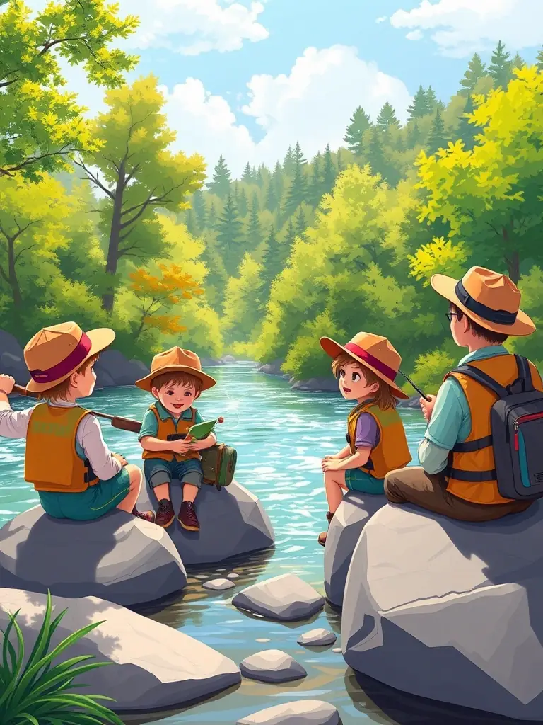 A group of children participating in a fishing education program, learning about sustainable fishing techniques and aquatic conservation from experienced instructors.