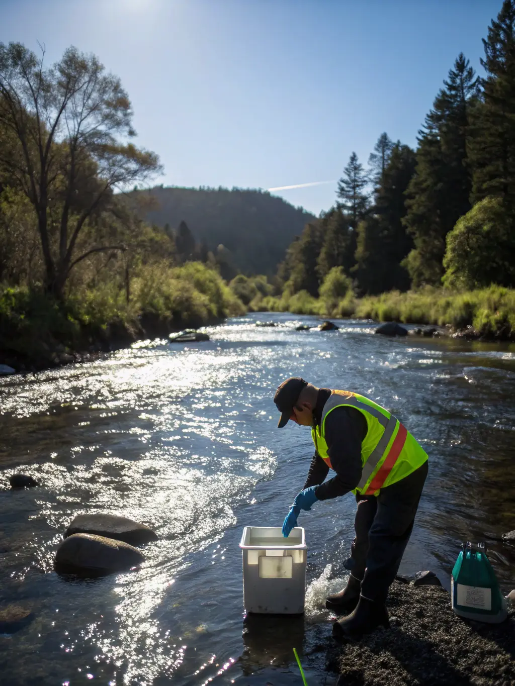 A clear photo of a scientist collecting water samples from a river to monitor water quality and ecosystem health.