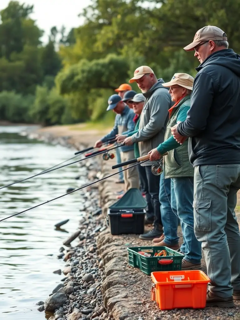 A group of children participating in a fishing workshop, learning about sustainable fishing practices and aquatic conservation.