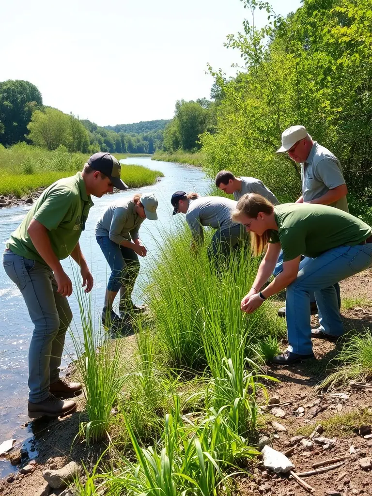 A photograph of volunteers planting native vegetation along the banks of the Sologne River as part of a habitat restoration project.