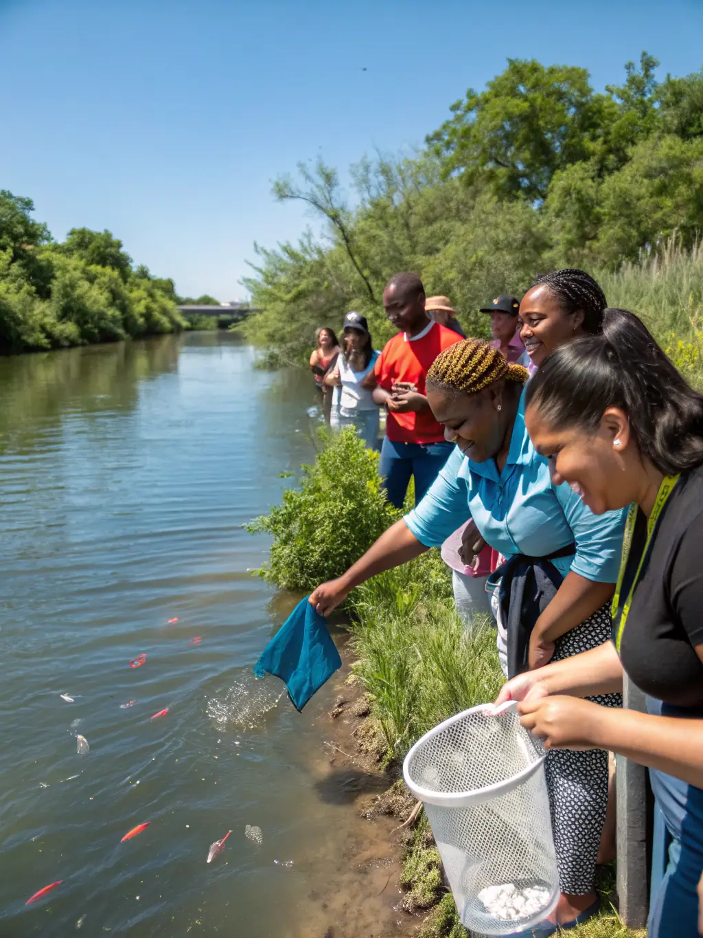 A close-up shot of various fish species being released into a river as part of a fish restocking program.