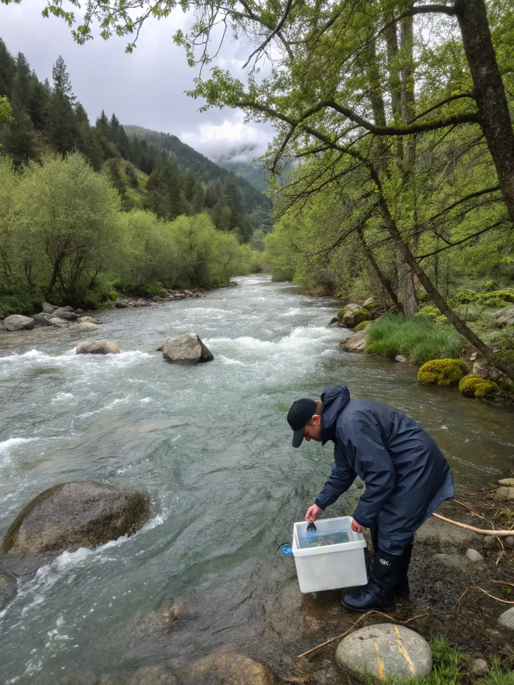 A scientist collecting water samples from the river to monitor fish populations and assess the overall health of the aquatic ecosystem.