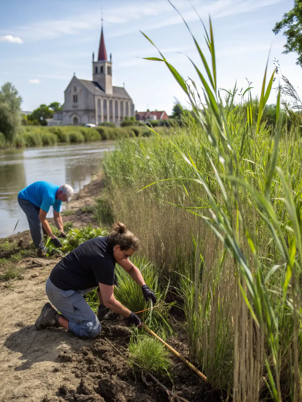A serene image of volunteers planting vegetation along a riverbank, enhancing the habitat for fish and other aquatic species.